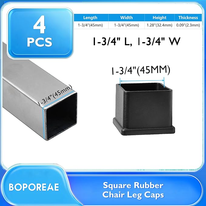 4 Pcs 1-3/4" x 1-3/4" Square Rubber Chair Leg Caps, PVC Table Leg Covers - Image 2