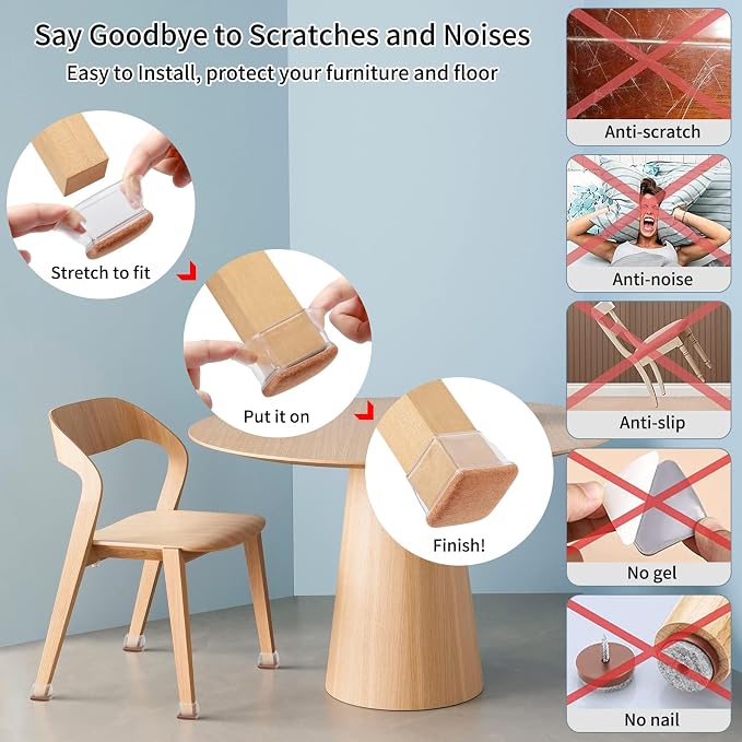 Ezprotekt 24 Pcs XL Square Clear Chair Leg Floor Protectors, Silicone Felt - Image 8