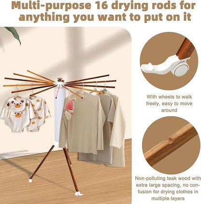 Portable Teak Tripod Clothes Drying Rack, Foldable Space-Saving Design - Image 6