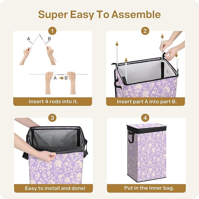 SOLEDI Laundry Hamper with Lid, 90L Tall & Large Floral Laundry Basket, Collapsible Clothes Hamper with Removable Bag, Dirty Hampers for Bedroom, Bathroom, Laundry Room