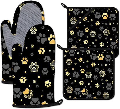 Gold Dog Paw Print Oven Mitts and Pot Holders Sets Heat Resistant 4Pcs by ANTJOO