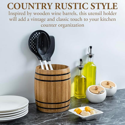 MyGift Wine Barrel Design Kitchen Utensil Crock, Light Brown Solid Bamboo Wood - Image 2