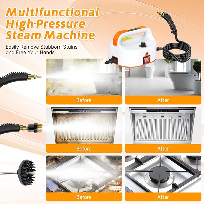 4.5BAR Handheld Steam Cleaner, 2500W Portable Steam Cleaner for Home for Car Kitchen Furniture Floors Cleaning, Tankless Design, 6-Speed Pressurized Steam Machine with 3 Brush Heads, Orange