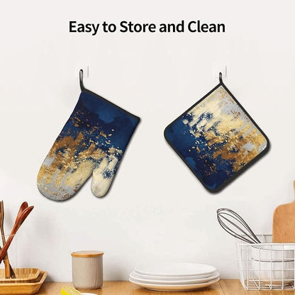 Blue and Gold Watercolor Abstract Oven Mitts and Pot Holder Sets of 3, Non-Slip - Image 5