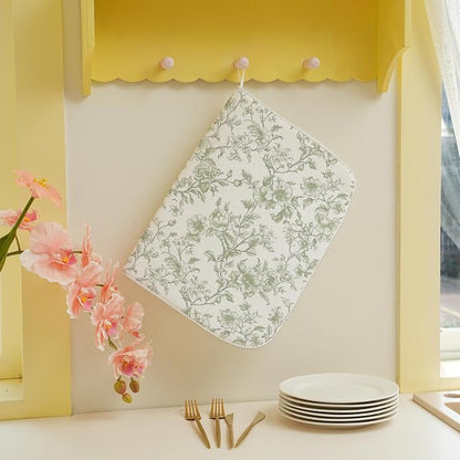 Sage Green Dish Drying Mat 18 x 24 Inch Chinoiserie Light Green Floral Drying - Image 4