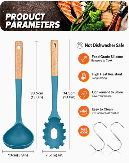 Pasta Fork and Ladle Set, and Sauce Pasta, BPA-Free Matte Silicone, Wood Handle - Image 2