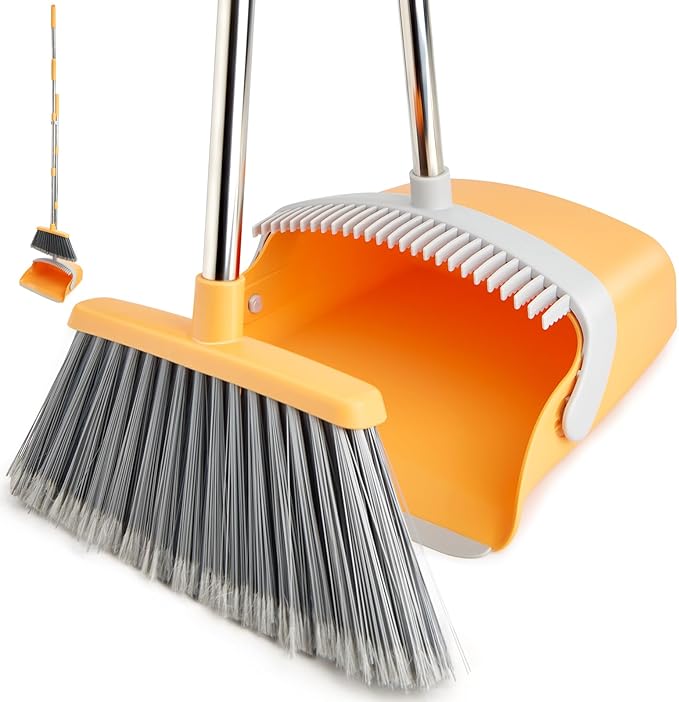 Broom and Dustpan Set, Dustpans with Broom Combo for Home, Heavy Dust Dustpan and Broom Combo, Long Handle Dust Pan and Broom Set for Kitchen, Office, Pet Hair(Gray Yellow)