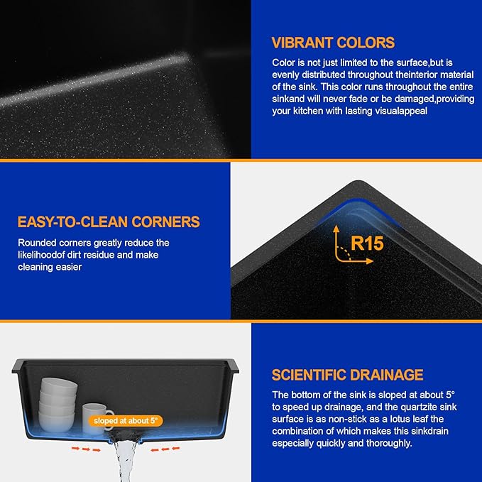 Dcolora 28 Inch Matte Black Undermount Kitchen Sink Single Bowl Modern Sink Workstation Granite Composite,#DC-GU0004BS