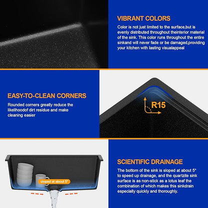 Dcolora 28 Inch Matte Black Undermount Kitchen Sink Single Bowl Modern Sink Workstation Granite Composite,#DC-GU0004BS