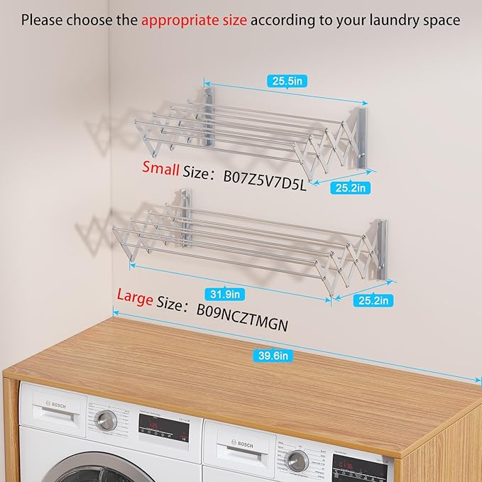 X-cosrack Wall Mounted Clothes Drying Rack, 31.9" Wide Large Rustproof Retractable Laundry Drying Rack, 8 Bar Space-Saving Aluminium Alloys Clothing Hanger Drying Racks forLaundry (Silver)