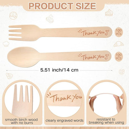 LemonRoad 200 Pcs Thank You Disposable Wooden Cutlery Set Bamboo Utensils 100 - Image 2