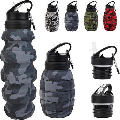 Collapsible Travel Water Bottle18oz, Reuseable Silicone Foldable Water Bottles for Gym Camping Hiking, Portable Leak Proof Sports Water Bottle with rugby Carabiner (Dark gray)