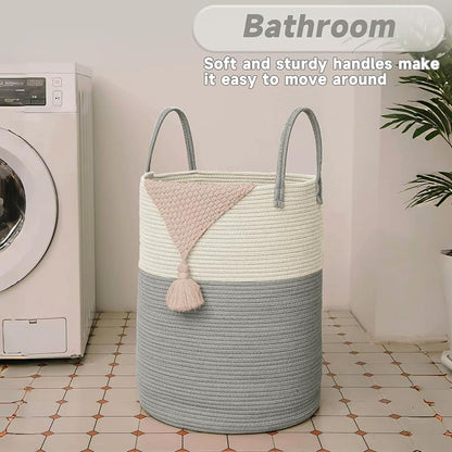 Large Woven Laundry Basket Hamper, 100L Cotton Rope Storage Bin - Image 5