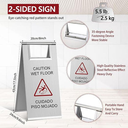 Kigley 2 Pcs Wet Floor Sign, 17 Inch Stainless Steel Caution Wet Floor Sign - Image 2