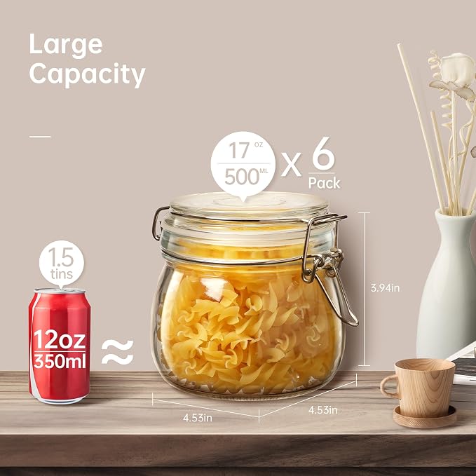Glass Jars with Airtight Lid Set of 6, 17 floz Wide Mouth Mason Jars with Clamp - Image 2
