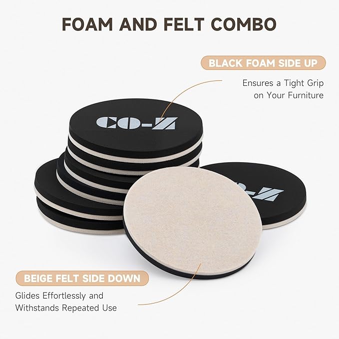 CO-Z 8pcs Felt Furniture Sliders for Hardwood Floors, 4 3/4 in Reusable Furniture Pads, Heavy Furniture Movers Sliders for Hard Surfaces, Thick Moving Pads Floor Protectors for Vinyl Tile Floors