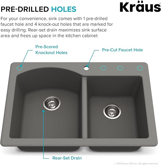 KRAUS Forteza 33-inch Drop In/Undermount 60/40 Double Bowl Granite Kitchen Sink in Grey, KGD-50GREY