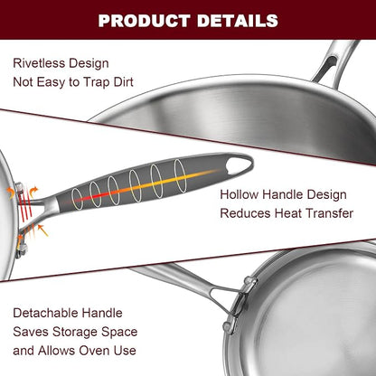 EWFEN 12 Inch Tri-Ply Stainless Steel Frying Pan, Compatible - Image 7