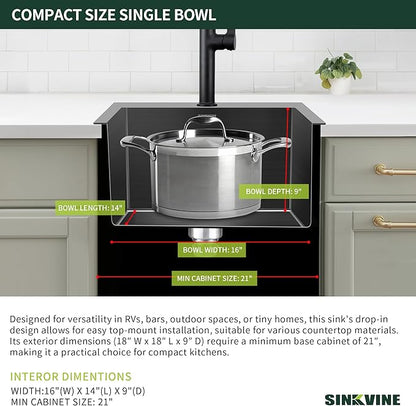 18-Inch Black Bar Sink Drop-In, SINKVINE PVD Nano Stainless Steel Kitchen Sink for Laundry, Outdoor, RV, Top Mount Deep Single Bowl Sink w/Drain Strainer, Bottom Grid, Roll-up Drying Unit, Dark Gray