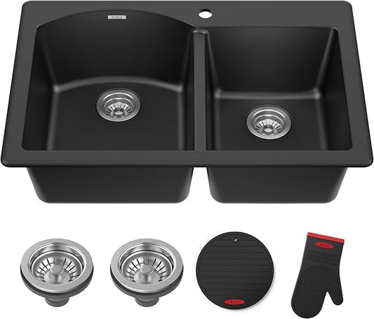 KRAUS Forteza 33-inch Drop In/Undermount 60/40 Double Bowl Granite Kitchen Sink in Black, KGD-50BLACK