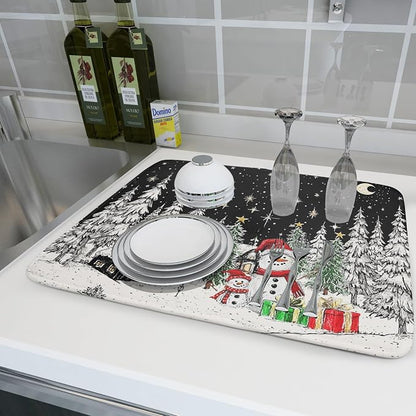 Winter Snowman Dish Drying Mat 24 X 18 in Black Microfiber Dish Pad Absorbent - Image 6