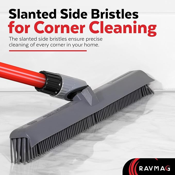2-in-1 Silicone Rubber Broom Carpet Rake and Squeegee - Swivel Pet Hair Removal Broom with Long Handle - Slanted Side Bristles for Corners - Multipurpose Rubber Broom for Carpet, Hardwood Floor, Tile
