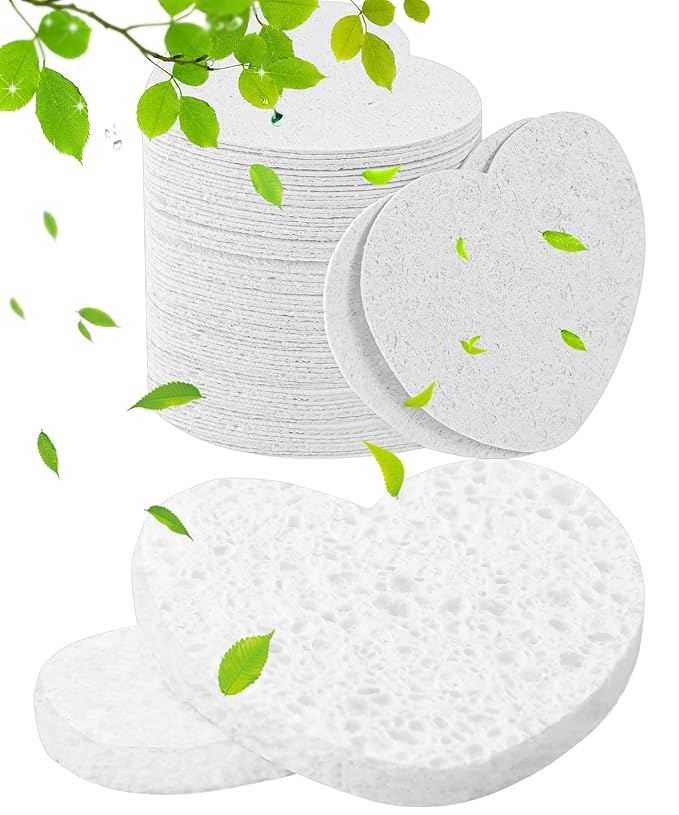 50-Count Compressed Facial Sponges for Estheticians- 100% Natural Cellulose Face Sponge Spa Sponges for Face Cleansing, Massage, Pore Exfoliating, Mask, Makeup Removal (Love-White)