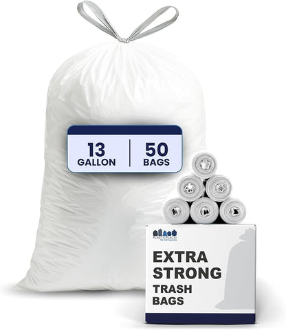 Plasticplace 13 Gallon Trash Bags │ 1.2 Mil │ White Extra-Large Drawstring by Plasticplace