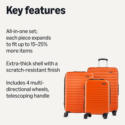 Amazon Basics 3-Piece Set (21", 26", 30"), Hardshell Suitcases With Wheels, Expandable For Up to 25% More Space, With Scratch-Resistant Surface, Four Multi-directional Wheels, Orange