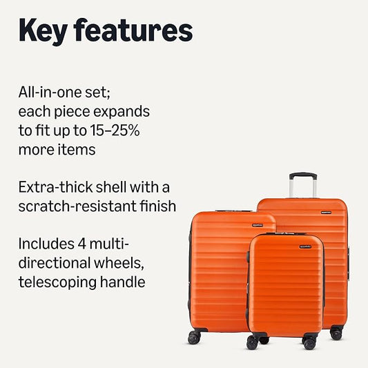 Amazon Basics 3-Piece Set (21", 26", 30"), Hardshell Suitcases With Wheels, Expandable For Up to 25% More Space, With Scratch-Resistant Surface, Four Multi-directional Wheels, Orange