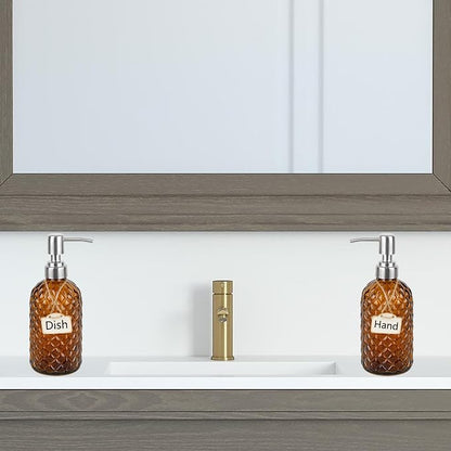 16 oz Diamond Pattern Glass Soap Dispenser, Kitchen and Bathroom Refillable - Image 2