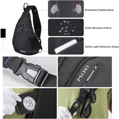 mixi Sling Bag Men Backpack Unisex One Shoulder Bag Hiking Travel Backpack Crossbody with USB Port for Men Women Versatile Casual Daypack-20 inch,Black