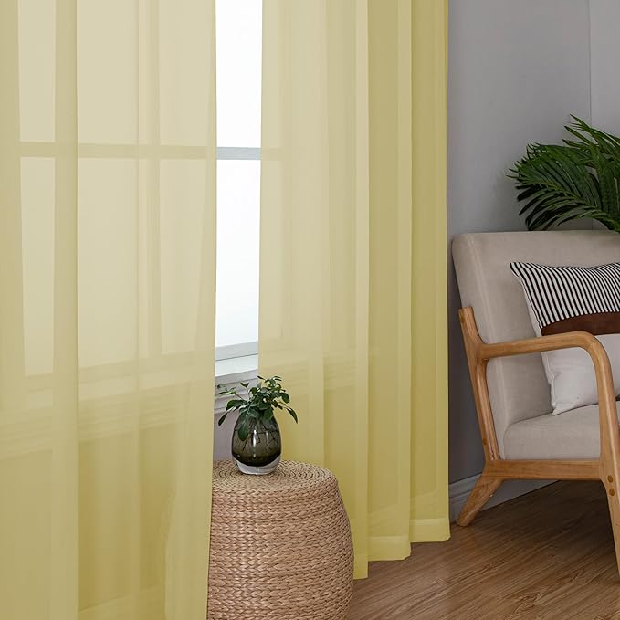 Chyhomenyc Yellow Sheer Curtains 63 Inch Length 2 Panels, Light Filtering Airy Rod Pocket Window Curtain Treatment Drapes for Bedroom Living, Each 42Wx63L Inches