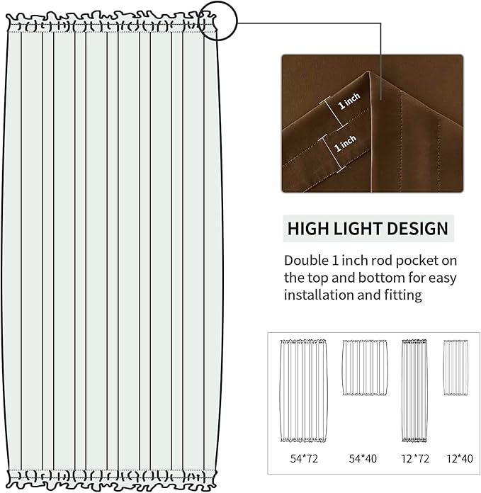 DWCN French Door Curtains – Rod Pocket Thermal Blackout Curtain for Doors with Glass Window, Kitchen and Patio Doors for Privacy, 12 X 72 Inches Long, 1 Curtain Panel with Tieback, Brown