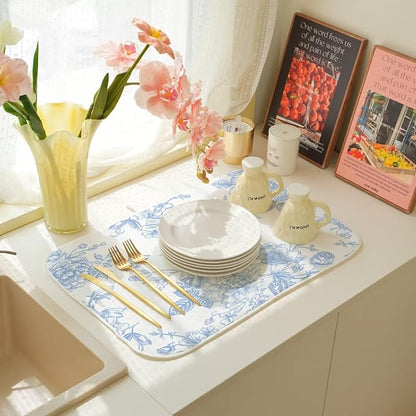 Baby Blue Chinoiserie Floral Dish Drying Mat 18 x 24 inch Vintage Flower - Image 7