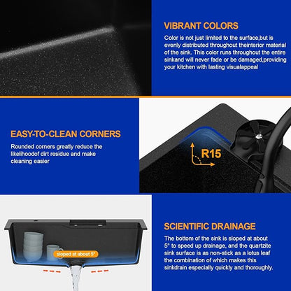 Dcolora Waterfall Smart Kitchen Sink 33x22 Drop In Single Bowl Multifunctional Kitchen Sinks With Faucet And Cup Washer,33 Inch Granite Composite (Black) DC-SFDOE00002