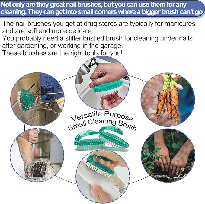 Handle Grip Nail Brush for Cleaning Fingernails Hands & Under Nails, Stiff Bristle Mechanic Scrub Brush Cleaner for Men Women, Pedicure Scrubbing Tool Kit - 4 Green