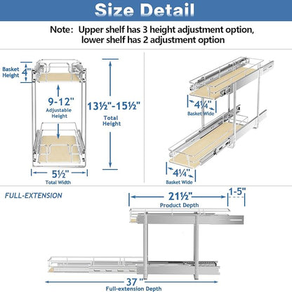 ROOMTEC 2 Tier Individual Pull Out Cabinet Organizer 5½"W x 21½"D, Slide Out - Image 3