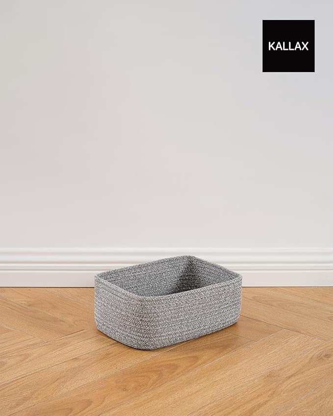 Small Woven Basket, 12 x 8 x 4.5 Inches, Storage Basket for Organizing, Cute Small Rope Shelf Closet Cube Storage Bins Baskets for Shelves, Dog Toy Gift Baskets Empty, 3 Packs, Mixed Grey