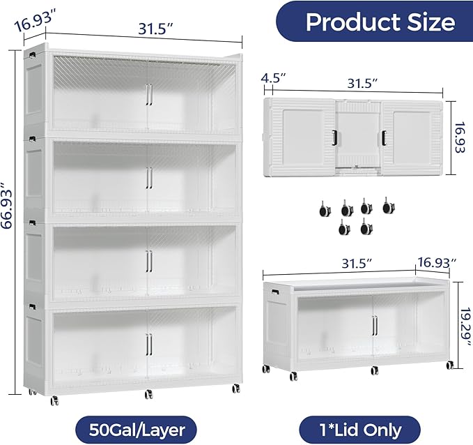 200GAL Extra Large Storage Bins with Lid, 800QT Collapsible Organizer with Wheels, Stackable Closet Cabinet with Doors, Folding Storage Containers for Home, Office, Dorm, 4Pack White