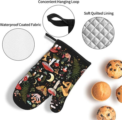 Mushroom Oven Mitts and Pot Holders Sets, Heat Resistant Black Hot Pads Witchy - Image 5
