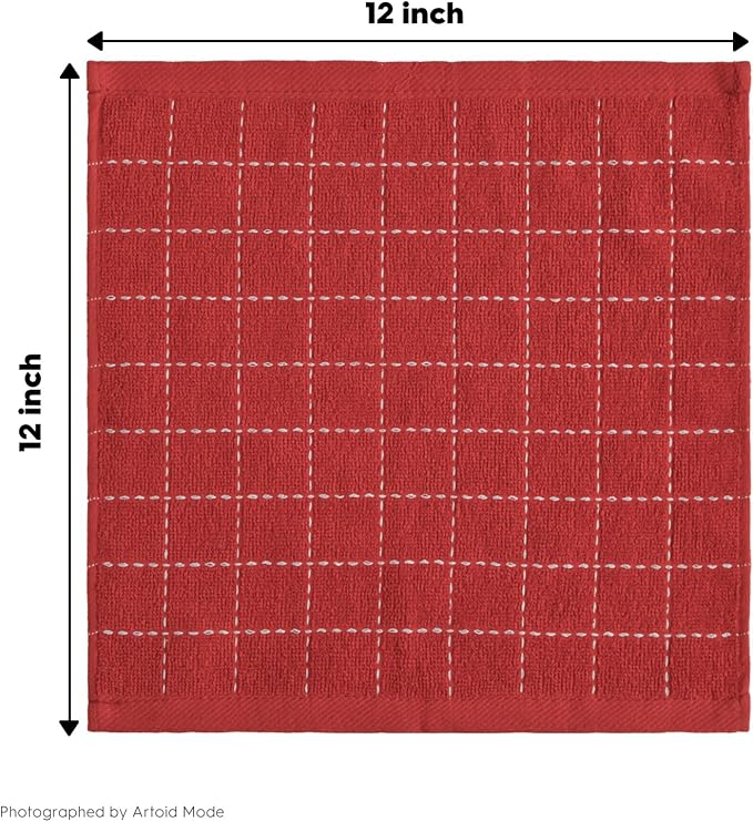 Artoid Mode Checkered Designed Cotton Red Terry Kitchen Dish Cloths, 12x12 Inch - Image 7