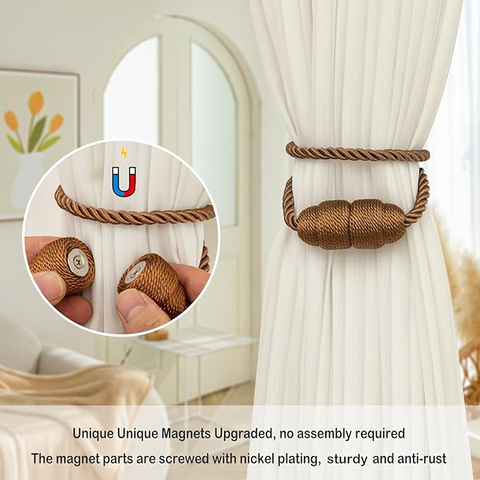 Magnetic Curtain Tiebacks Rope Curtain Tie Backs for Curtains 2 Pack Curtain Holders for Drapes Decorative Window Curtain Holdbacks, Khaki