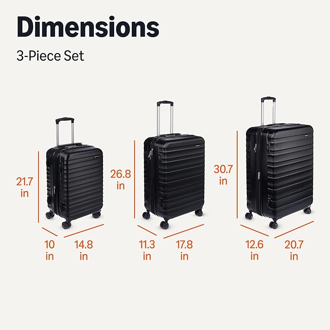 Amazon Basics 3-Piece Set (21", 26", 30"), Hardshell Suitcases With Wheels, Expandable For Up to 25% More Space, With Scratch-Resistant Surface, Four Multi-directional Wheels, Black