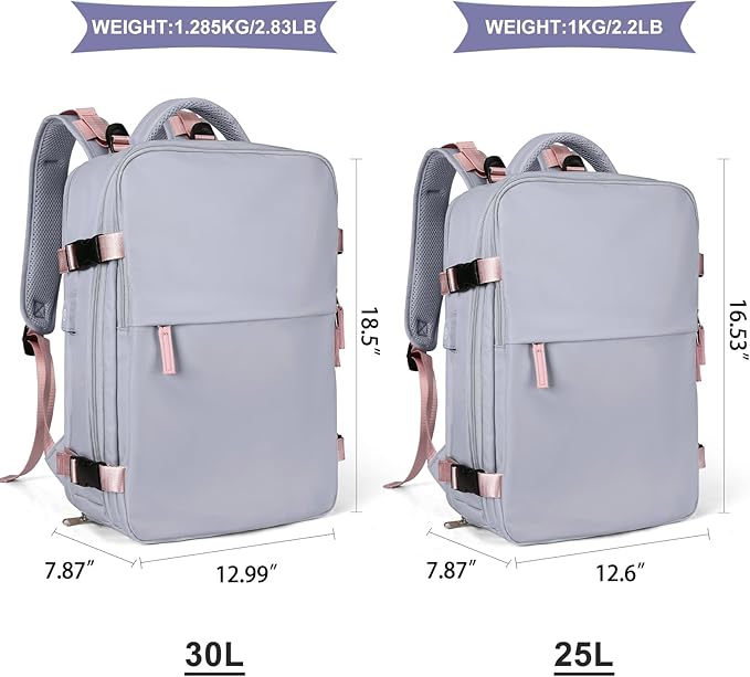 coowoz Large Travel Backpack For Women Men,Carry On Backpack Flight Approved,Hiking Backpack Waterproof Outdoor Sports Rucksack Casual Daypack Fit 15.6 Inch Laptop Shoes Compartment (Light Purple)