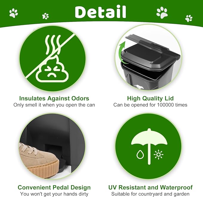 Dog Poop Trash Can Outside with Pooper Scooper, 20L/5Gal Dog Waste Trash Can with Lid, Pedal and Removable Inner Bin, Pet Poop Bin with Metal Rake & Tray and 100 Bags