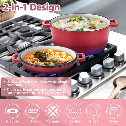 TeamFar 2-In-1 Enameled Cast Iron Dutch Oven, 5 Quart Dutch Oven Pot Cookware - Image 4
