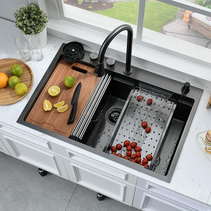 33 Inch Black Waterfall Drop In Kitchen Sink with Fuacet Combo-Bokaiya 33x22 Waterfall Kitchen Sink with Cup Washer Stainess Steel Top Mount 16 Gauge Deep Single Bowl Modern Kitchen Sinks