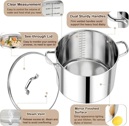 P&P CHEF 24 QT Stock Pot with Lid, Stainless Steel Large Cooking Pot, Soup - Image 3