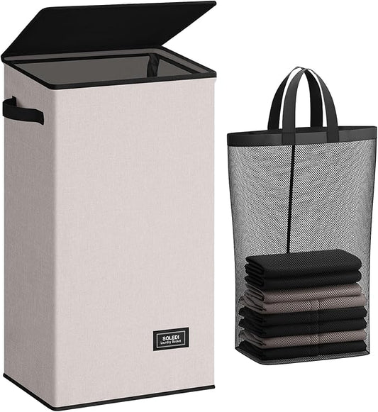 SOLEDI Laundry Hamper with Lid 100L Large & Tall Collapsible Laundry Basket, Clothes Hamper with Bag Removable Easy to Carry, Dirty Hampers for Bedroom, Bathroom, Dorm, College,Light taupe